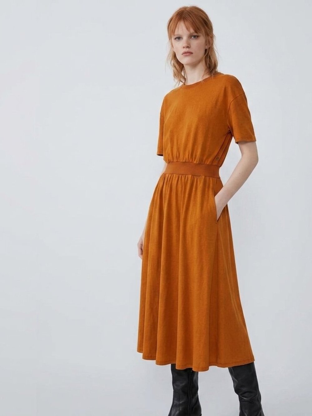 Zara Washed Effect Burnt Orange Cotton Midi Dress 🍊